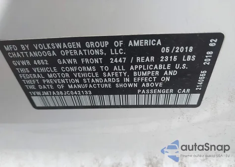 2018 Volkswagen Passat 3.6L V6 Gt из США, поврежденный, VIN 1VWJM7A38JC042133